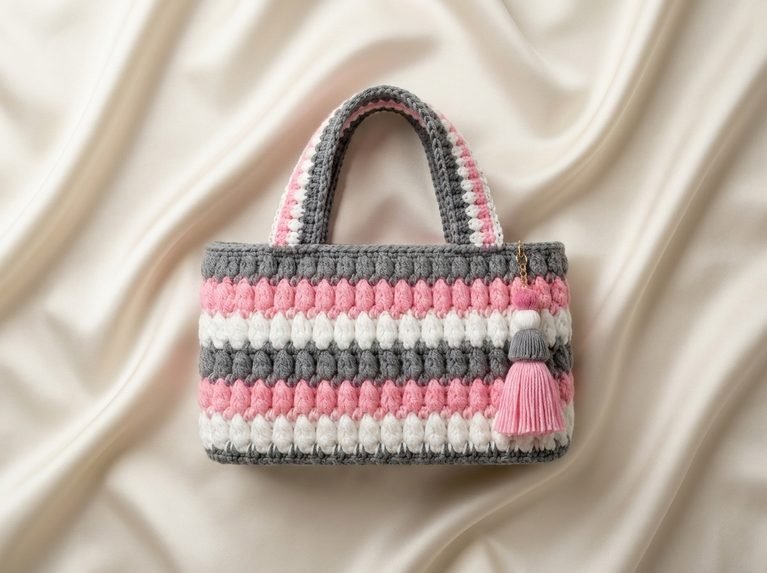 pink gray textured crochet bag