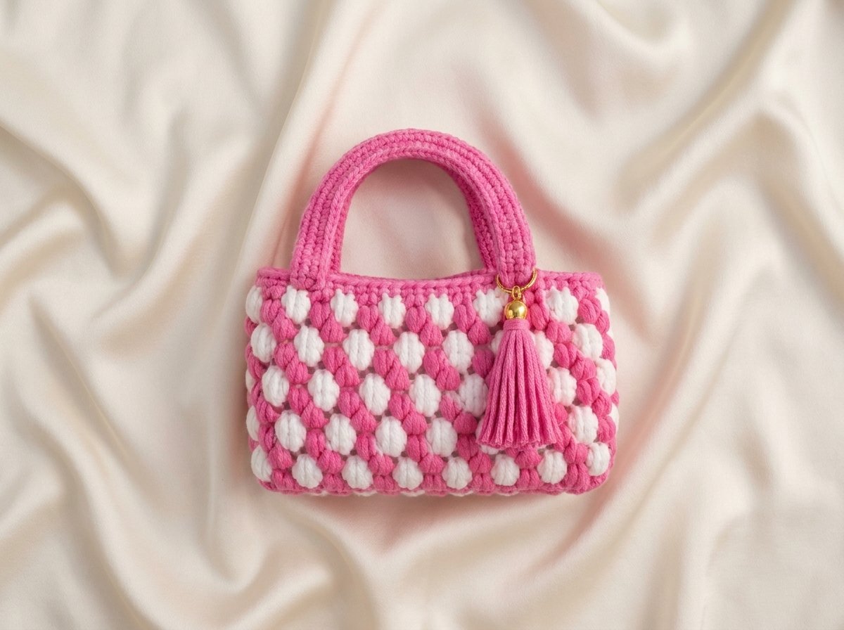 Pink White Tunisian Crochet Bag