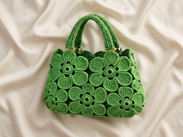 green floral crochet bag