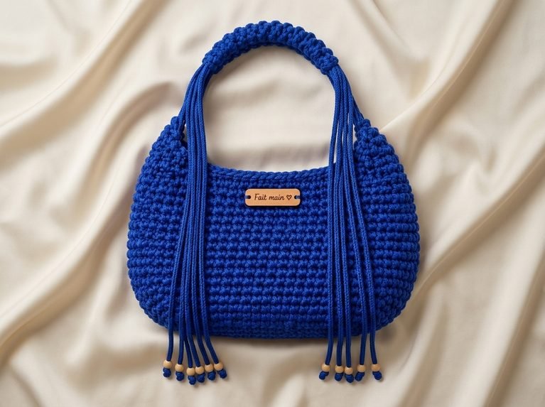 blue macramé crochet bag