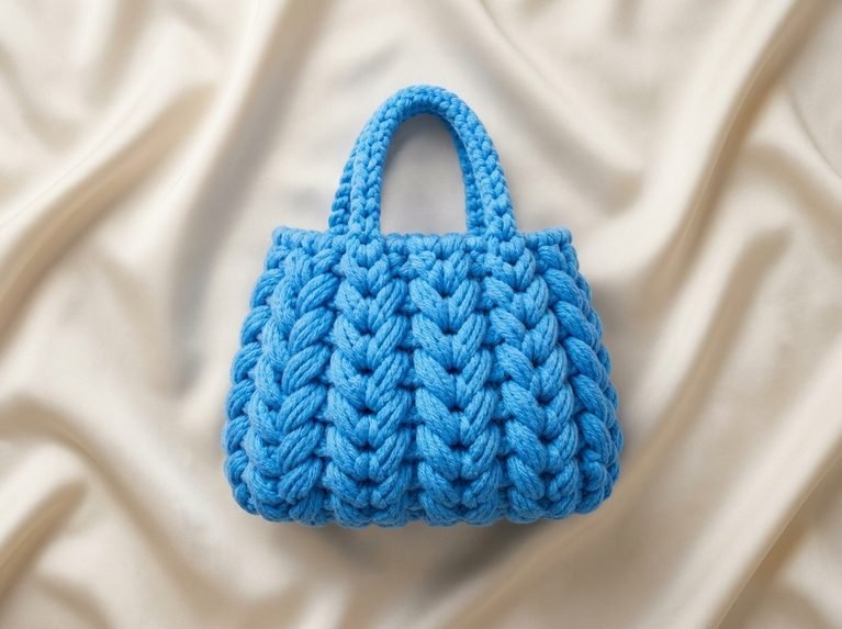 blue textured crochet bag