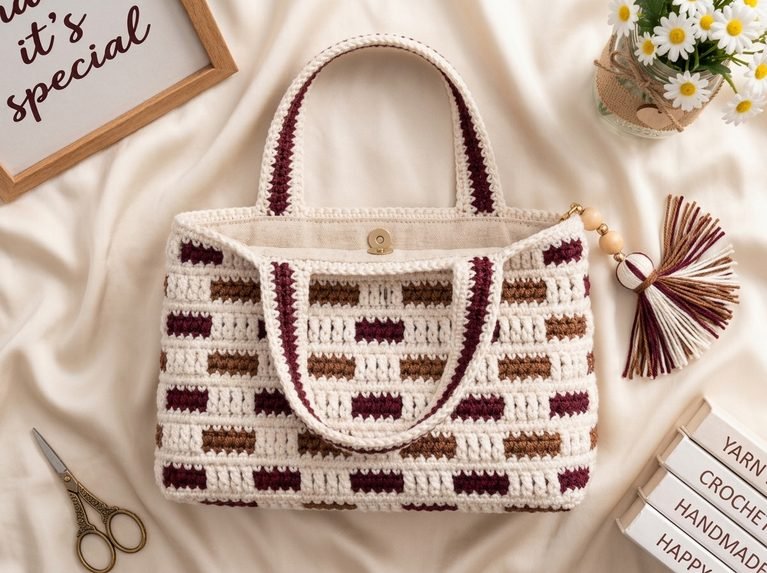 textured colorblock crochet handbag