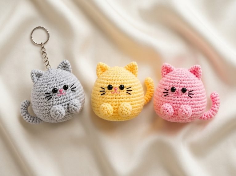 chubby crochet cat keychain