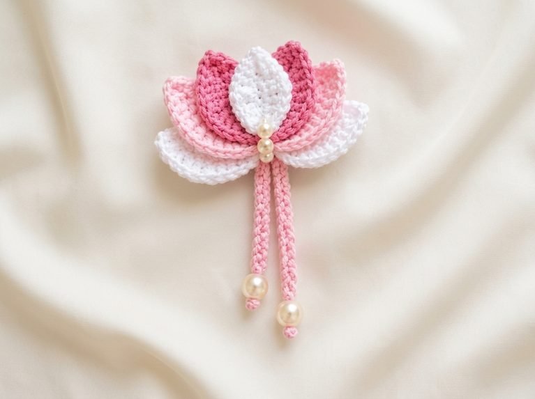 pink crochet lotus hair clip